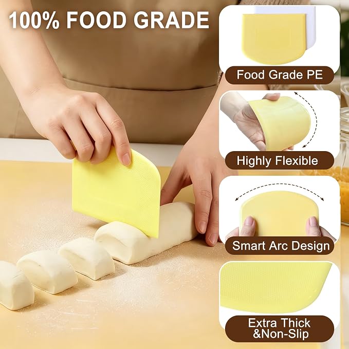 Versatile Bench Scraper with Wood Handle, Premium Stainless Steel Dough Scraper Cutter with 2 PCS Flexible Bowl Scraper for Pastry Bread Pizza, Kitchen Scraper Tool for Flat Top Griddle
