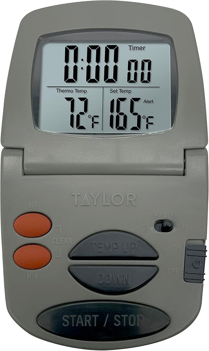 Taylor Programmable with Timer Instant Read Wired Probe Digital, Meat, Food, Grill BBQ Cooking Kitchen Thermometer with Timer, Gray