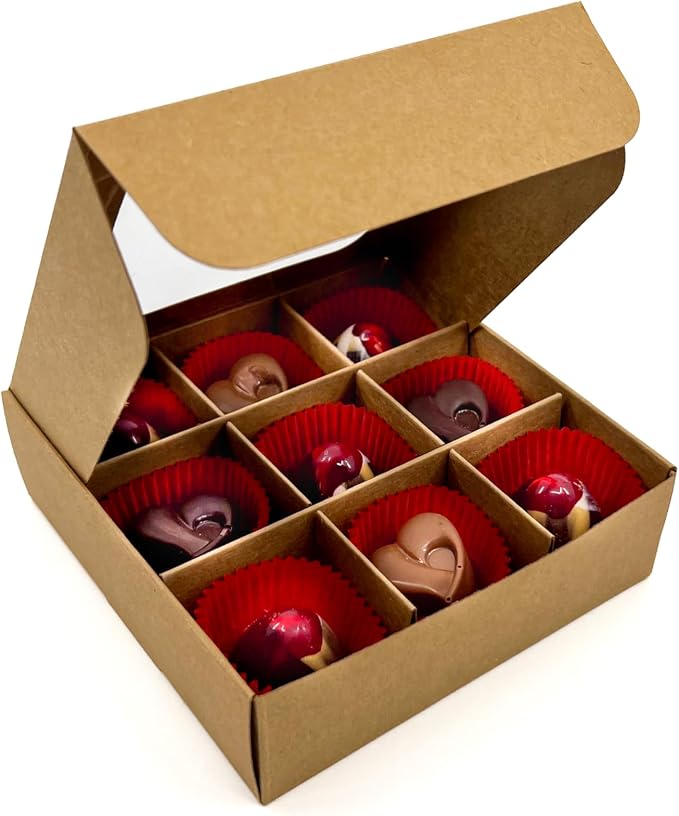 20pcs Kraft Treat Boxes with Window and Dividers | 9 X-SMALL compartments | 5 x 5 x 1.57 in | Empty candy boxes for gift giving, truffle box - perfect for Valentine's Day