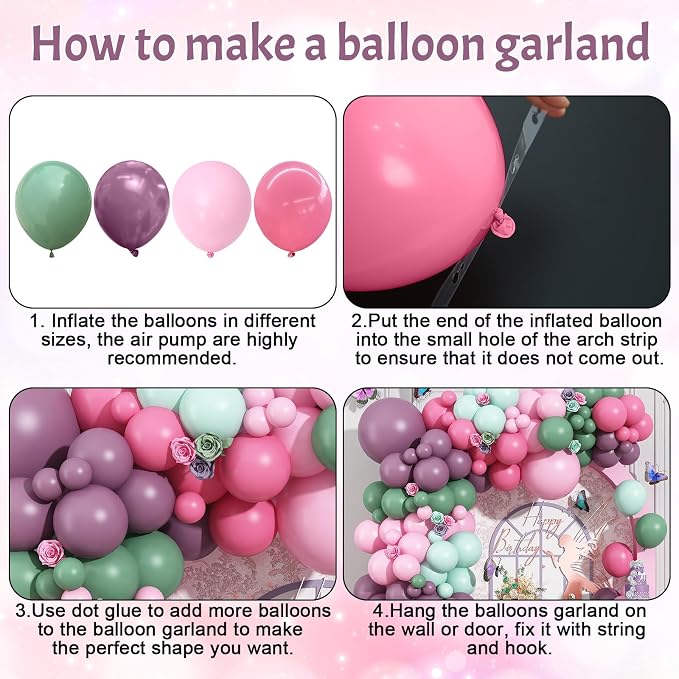 Fairy Balloon Arch Kit 120Pcs Sage Green Pink Purple Balloons Garland Dusty Green Lavender Lilac Birthday Party Balloons for Girls Butterfly Garden Wildflower Floral Bridal Baby Shower Decorations