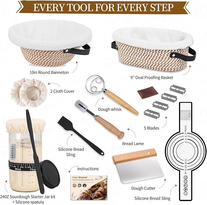 Sourdough Starter Kit with Round & Oval Banneton Bread Proofing Basket Set | Bread Sling, Starter Jar Kit, Dough Whisk, Metal Scrapers, Complete Sourdough Bread Baking Supplies, Gifts for Bakers