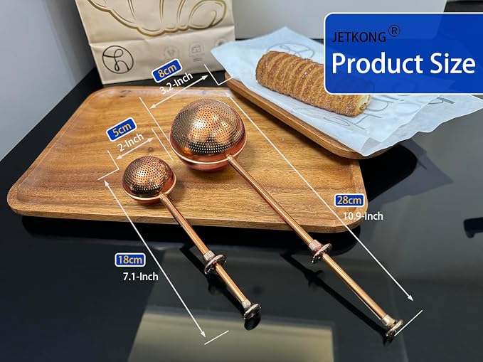 JETKONG 2 Pcs Flour Sifter, Stainless Steel Flour Duster for Bread Baking, Bakers Dusting Wand for Powdered Sugar and Spices (Small+Large, Brown)