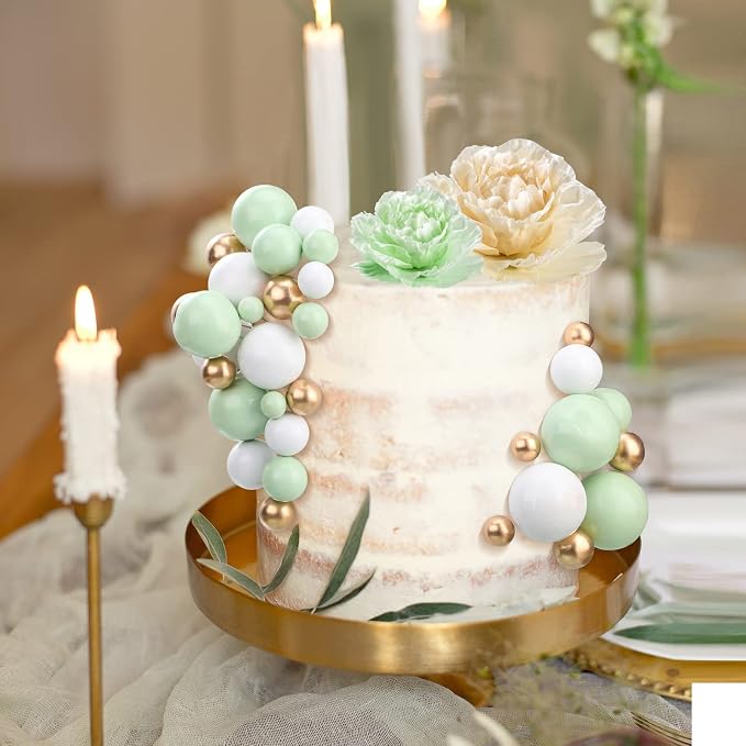 108 Pcs Balls Cake Topper DIY Cupcake Insert Foam Balloons for Cake Baking Wedding Anniversary Birthday Decoration(White, Green, Gold,Multi Sizes)