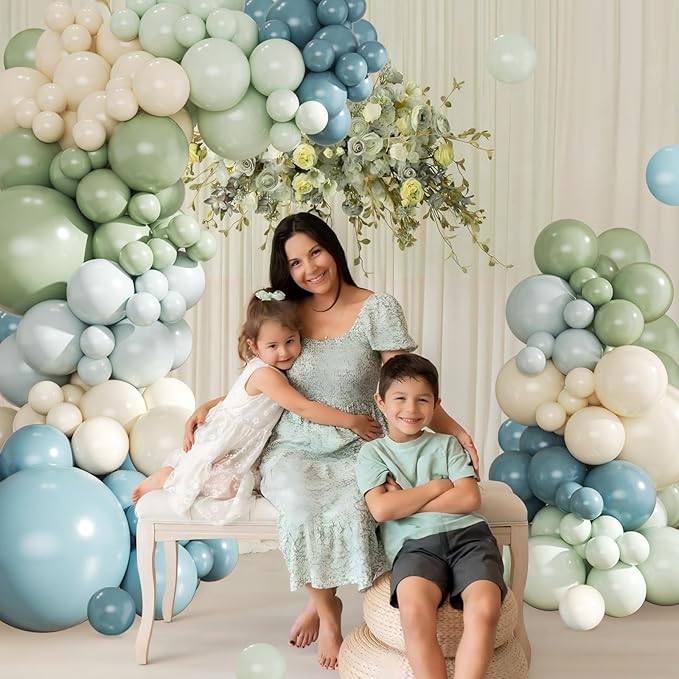 Dusty Blue Sage Green Balloon Arch Kit, 124Pcs Fog Blue Light blue Green Sand White Balloons Different Size for Baby Shower Bridal Shower Anniversary Birthday Party Decorations