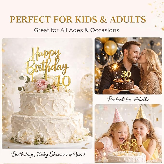 50 PCS Happy Birthday Cake Topper Acrylic Gold Cupcake Toppers, Glitter Party Birthday Cake Decorations for Women Men Girls, Elegant Dessert Picks for Anniversary Celebration, Gold 50 Pack