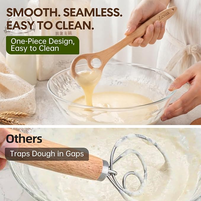 Set of 2 Wooden Dough Whisk, 13'' and 9.8'' One-Piece Solid Beech Wood Danish Dough Whisk for Sourdough, Bread, Pizza Pastry Mixing, Easy Clean Wooden Dough Mixer for Baking