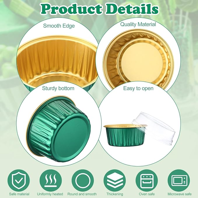 200 Pack Aluminum Foil Cupcake Liners with Lids, 5 oz Round Baking Cup, Disposable Ramekin Container for Graduation Wedding Independence Day Party(Dark Green,Plain)