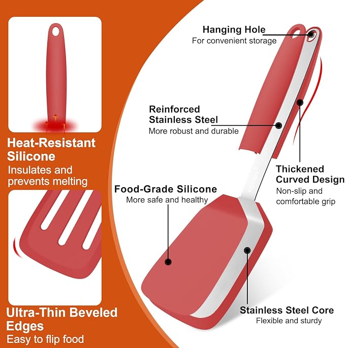 2 Pack Silicone Kitchen Spatula Set, 600°F Heat Resistant (Red) | BPA Free, Solid & Slotted Turner, Non-Toxic Cooking Utensils, Safe for Non Stick Frying Pan, Dishwasher Safe