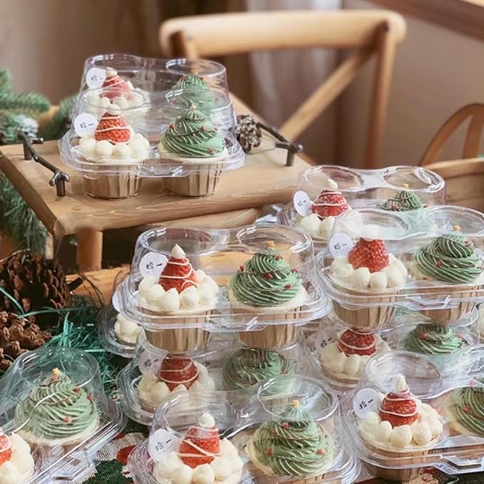 100PCS Cupcake Containers 2 Count Clear Cupcake Boxes Disposable Cupcake Holder with Lid Plastic Cupcake Containers 2 Cavity High Topping for Cupcakes Muffins Pies