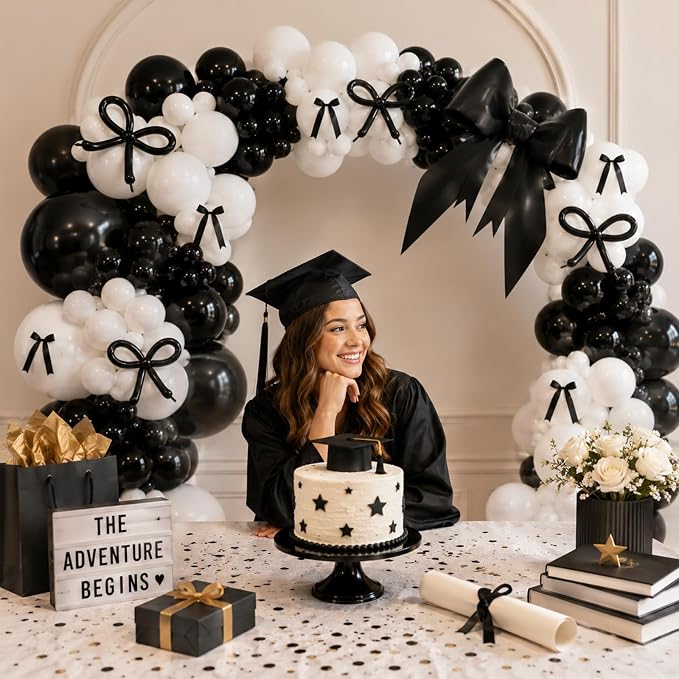 Black White Bow Balloon Garland Arch Kit, 149Pcs Coquette Bow Birthday Decorations for Engagement Wedding Bridal Shower Bachelorette Prom Party Decorations with Pre-Tied Bows and Long Balloons