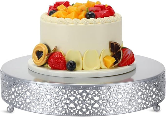 Wenqik Cake Stand 12 Inch Round Metal Cupcake Dessert Wedding Cake Stand Cookies Display Holder Fruit Serving Tray for Table Wedding Birthday Anniversary Party, Silver