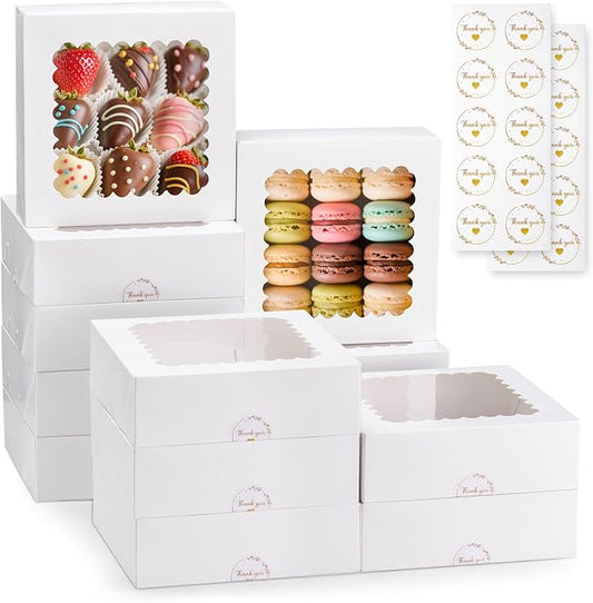 20 Pcs Chocolate Covered Strawberry Boxes with Window, Auto-Pop-Up 8x8x2.5 inches White Treat Boxes for Bakery,Pastry, Cookie, Dessert, Donut and Muffin