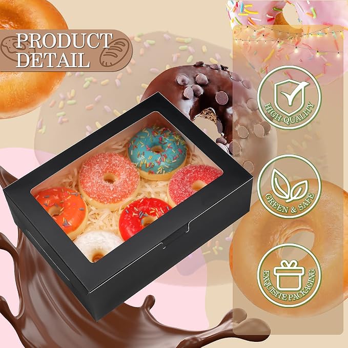 KPOSIYA 65 PCS 8x6x2.5 Inch Cookie Boxes with Window Black Bakery Boxes Pastry Boxes for Gift Giving, Treat, Dessert, Cupcakes, Chocolate, Strawberries, Donuts, Muffins (5 Style Windows)