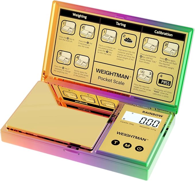WEIGHTMAN Shiny Digital Gram Scale 200g x 0.01g, Chrome Rainbow Mini Scale | Food Scale for Ounces and Grams, Iridescent Pocket Scale, Jewelry Scale for Gold Coins, Gems, Powder, Backlit LCD, 6 Units