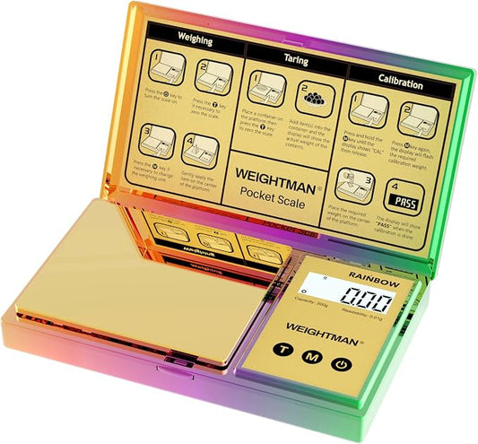 WEIGHTMAN Shiny Digital Gram Scale 200g x 0.01g, Chrome Rainbow Mini Scale | Food Scale for Ounces and Grams, Iridescent Pocket Scale, Jewelry Scale for Gold Coins, Gems, Powder, Backlit LCD, 6 Units