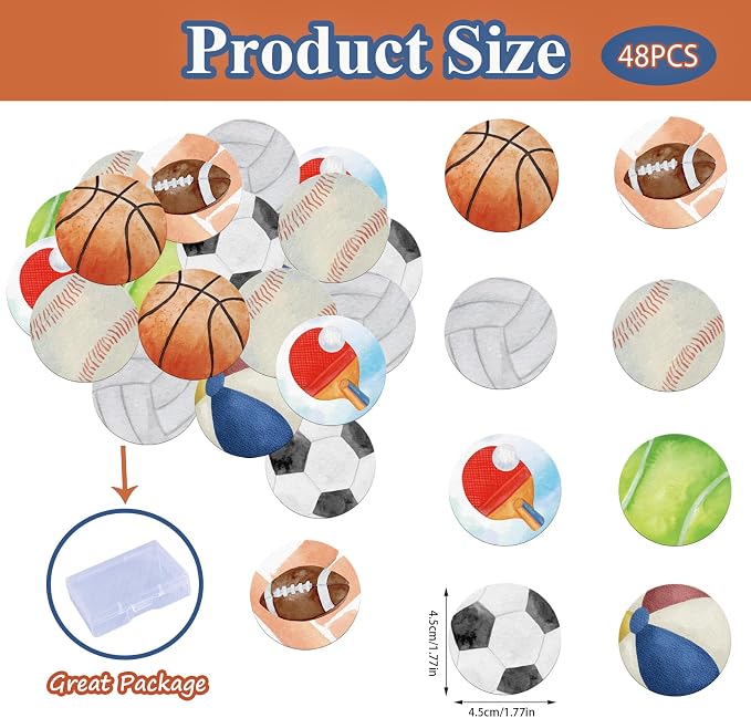 48PCS Edible Sports Cupcake Toppers Edible Basketball Soccer Baseball Tennis Rugby Cake Decorations for Sports Ball Game Theme Baby Shower Birthday Party Cake Decorations Supplies
