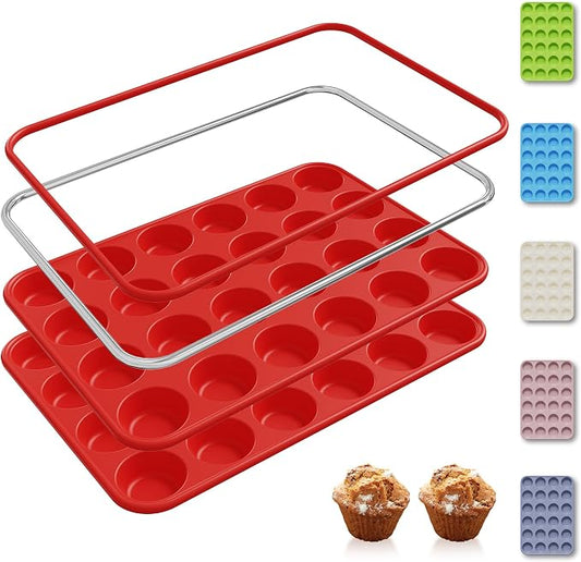 Socisen 2 Pack 24 Cups Silicone Mini Muffin Pan with Metal Reinforced Frame Silicone Molds Cupcake Cake Baking Cheesecake Pans Cookie Baking Chocoflan Cupcake Mold Mini Bundt Cake Pan Women Gift