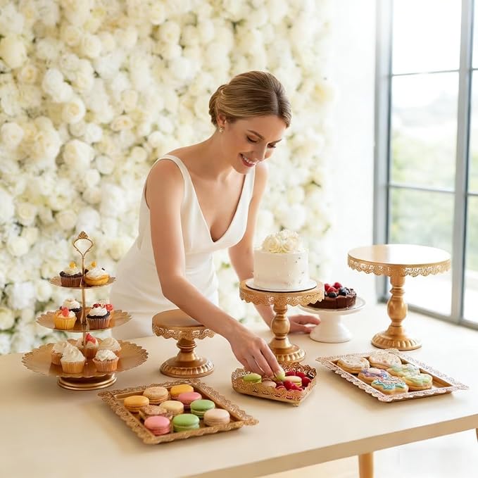 12 Set of Gold Cake Stand, Metal Gold Cupcake Stand and Bases para Postres de Mesa, Elegant Gold Dessert Stands for Party and Wedding, Easy to Clean Desert Table Display Set