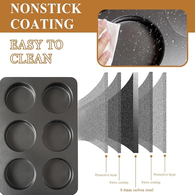 6 Cup Straight Side Jumbo English Muffin Cupcake Pan with Lid, Nonstick Hamburger Burger Bun Mold Muffin Pan for Baking Egg Sandwich Frittata Cinnamon Roll Focaccia Quiche Pancake