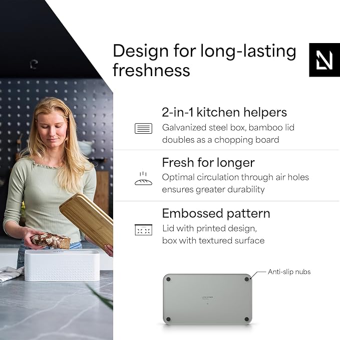 LARS NYSØM Bread Box I Metal Box for long lasting freshness I Bread Bin with bamboo lid usable as cutting board I 13.4x7.7x5.3In (Pebble Gray)