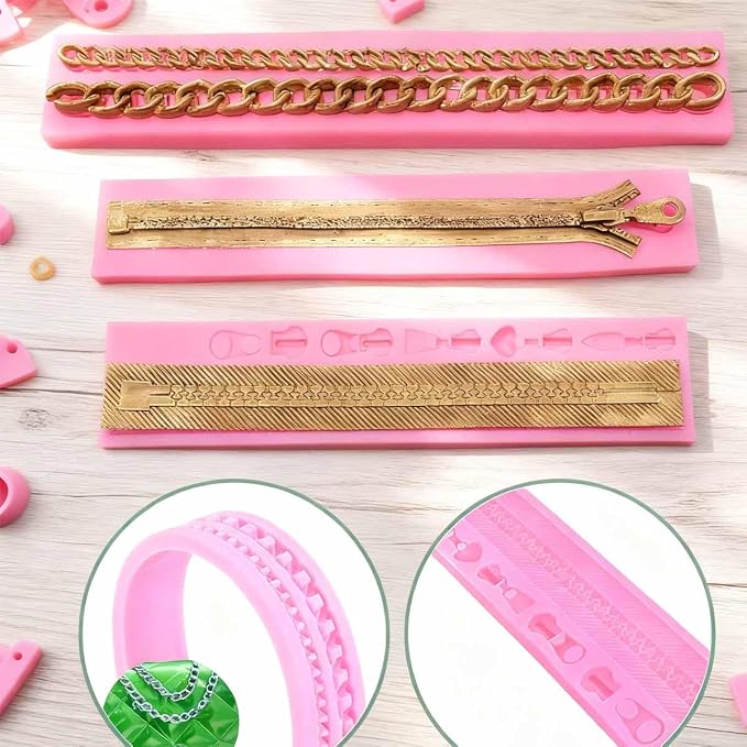 KuuGuu 2 PACK Zipper Chain Silicone Mold Realistic Chain Cake Fondant Mold Purse Bag Cake Decorating Mould for DIY Cake Border Decoration, Cupcake Topper, Jewelry, Polymer Clay, Crafting Projects
