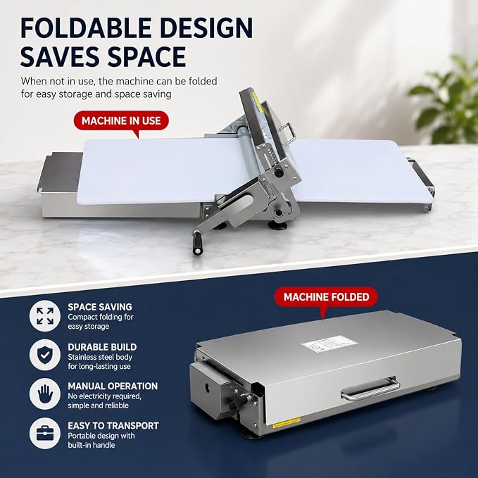 Folding Dough Sheeter, Countertop Dough Sheeter,Dough Roller Machine Stainless Steel Sheeter 0.2-25mm Adjustable Thickness Stainless Steel Manual Dough Sheeter Machine With Boa Length 32''