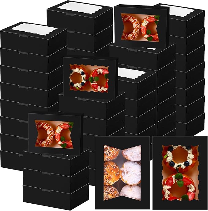 TaoBary 100 Pcs 8 Inch Bakery Boxes 8 x 6 x 2.5 Inch Cookie Pastry Boxes with 2 Style Window for Cookie Treat Chocolate Strawberries Cupcakes Candy Muffins(Black)