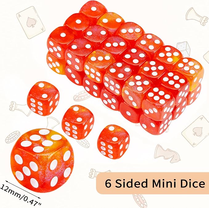 36 of Pack 12MM 6 Sided MINI Dice Set,Two Colours Glitter D6 Game Dice Set, 6 Sided Standard Dices for Yahtzee, Bunco or Teaching Math,with Portable Plastic Box(Orange Red)