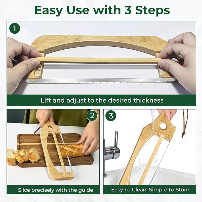 Adjustable Bread Slicer for Homemade Bread, 16.5'' Sourdough Bread Knife with Magnetic Adjustment Mechanism 5 Thickness Guides, Stainless Steel Serrated Bread Cutter for Bagels, Baguettes (Natural)