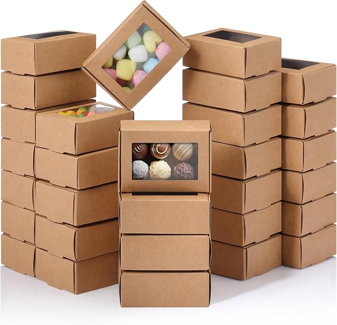 Zonon 30 Pcs Soap Boxes for Homemade Packaging, Mini Kraft Boxes with Window for Bakery Candy Soap Making Gift Packaging, 3.7x2.6x1.4 Inch (Brown)