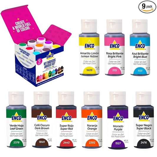ENCO 9 Basic Food Coloring Gel Set 1.41 oz each (40 g) Concentrated, Vegan, Includes Color Mixing Guide