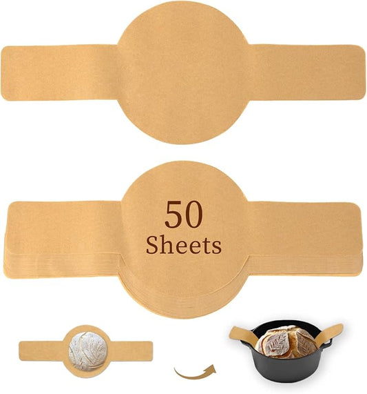 Parchment Bread Sling for Dutch Oven, BlissBoard Disposable Bread Baking Mat with Long Handles, 50 Pcs Unbleached Parchment Paper for Air Fryer, Sourdough Transfer