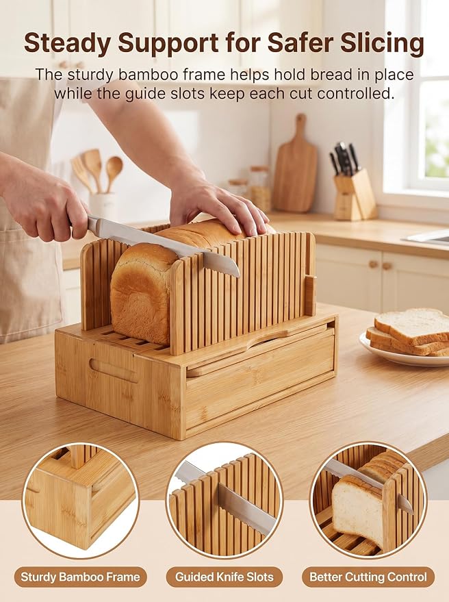 Natural Bamboo Bread Slicer, Bread Slicer Guide for Homemade Bread, Foldable Space-Saving Loaf Guide with Crumb Tray, Adjustable Thickness for Even Slices, Sturdy Cutter for Sourdough and Toast