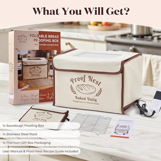 Folding Bread Proofing Box with Temperature Control (50–113°F) & 48H Timer, Electric Dough Proofer with Metal Rack & Viewing Window, Ideal for Sourdough, Bread Baking, Pizza & Yogurt – Proof Nest