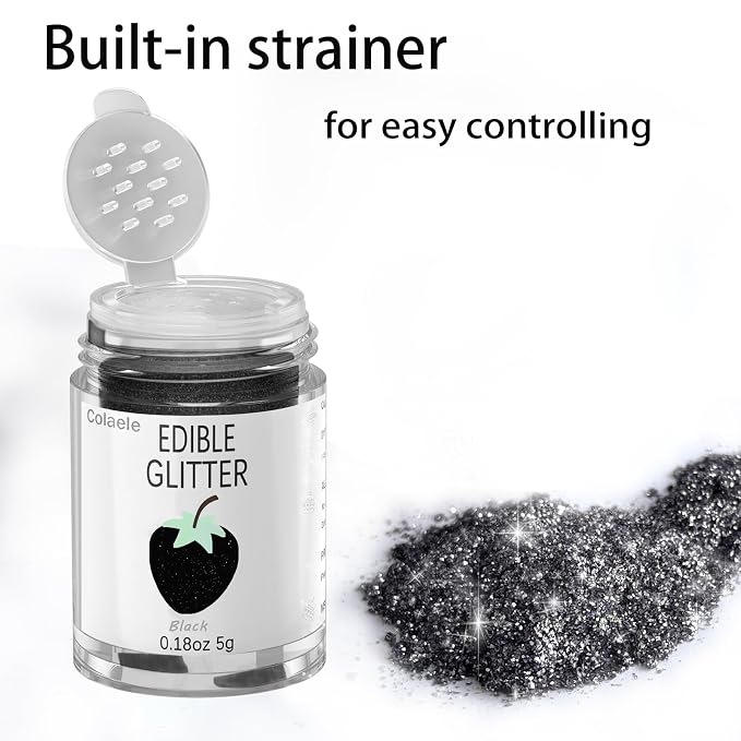 Black Edible Glimmer Powder Glitter - Colaele 5 grams Food-Grade Luster Dust Metallic Fancy Food Decorating Sprinkle Glimmery Brew Dust for Cake Decorations Drinks Wine Beverage Candy Dessert, Vegan
