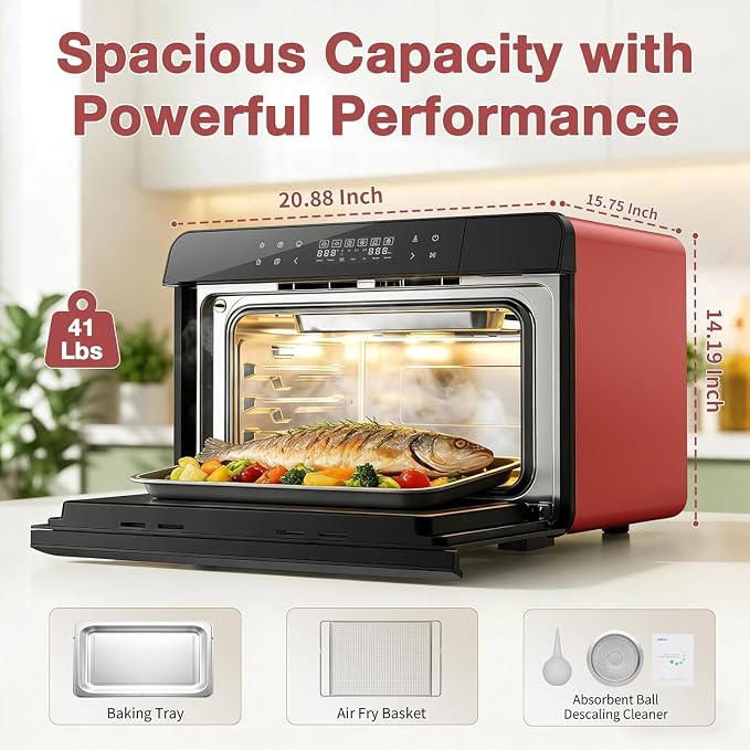 ROBAM Toaster Air Fryer Combi Oven, Countertop Steam Oven 14-in-1 with Convection Steam Roast & Bake, Multi-Stage Cooking, Self-Clean, 7 Modes, 30 Built-In Recipes, for Kitchen Pizza Baking (Red)