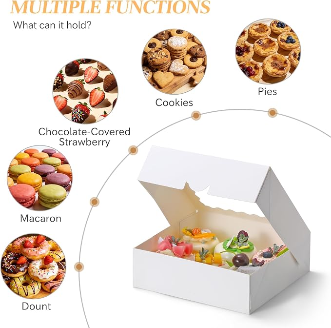 COTOPHER Auto Pop Up Cookie Box with Window 8x8x2.5 Inches – 50 Pack White Bakery Boxes with Gold Ribbon for Birthday Party Favors, Wedding, Christmas Gift Packaging for Cookies, Candy, Macarons