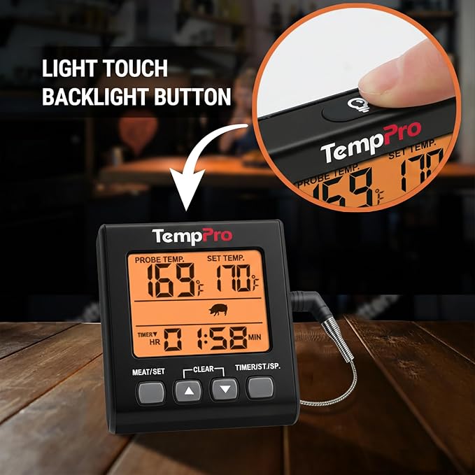 TempPro TP16SW Digital Meat Thermometer for Cooking and Grilling, BBQ Food Thermometer with Backlight and Kitchen Timer, Grill Temperature Probe Thermometer for Smoker, Barbecue, Oven, Black