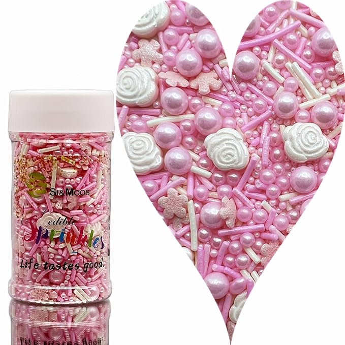 SE Si&Moos Pink Sprinkles for Cake Decorating Edible Pink Rose for Cake Decorating Valentines Sprinkles Pink Pearl Sprinkles for Cake Decorations, Baking, Ice Cream, Cookies, Cupcake Toppers Party Baby Shower Holiday Supplies 3 OZ