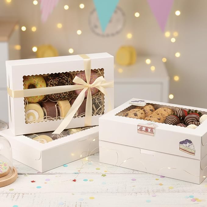 OAMCEG 24 Pack Cookie Boxes with Window, 12x8x2.5 Inch Bakery Treat Boxes for Christmas Holiday Gift Giving, Desserts, Donuts, Pastries-White