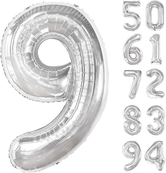 Silver 9 Balloon, Number Balloons 40 Inch, 9th Giant Birthday Decorations for Boys Girls, 19th 29th Silver Party Decorations Supplies, Number 9 Balloon