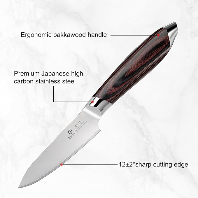 imarku Paring Knife 3.75 Inch, Japanese High Carbon Stainless Steel Fruit Knife, Ultra Sharp Small Kitchen Knife for Peeling Fruits Cutting Veggies, Ergonomic Pakkawood Handle