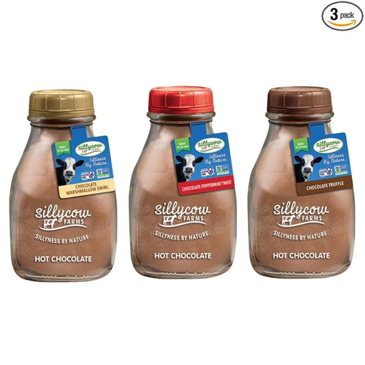 Sillycow Farms Hot Chocolate Variety Pack | Marshmallow Swirl, Chocolate Truffle, Peppermint Twist | Rich Hot Cocoa | Gluten-Free, Non-GMO, Dairy-Free | 16.9 Oz Reusable Glass Bottle - Pack of 3
