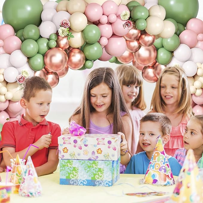 Sage Green Pink Balloon Arch Kit - 144 pcs Olive Green Pink Sand White Balloons with Rose Gold Metallic Latex Balloons for Girl Birthday Wedding Bride Shower Party Decorations