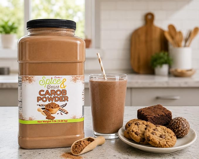 Carob Powder 5 lb | Naturally Sweet Cocoa Alternative | Baking, Smoothies, Drinks, Desserts & Chocolate Substitute Recipes | Bulk Resealable Container | Dasher's Spice & Beans