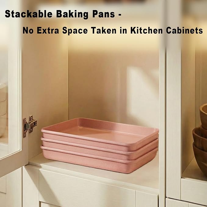 Toaster Oven Baking Pans Set of 3, Small 11x9 Inch Pink Nonstick Sheet Pans for Compact Ovens, Quarter Sheet Size for Roasting Vegetables, Brownies & Small Batch Cooking