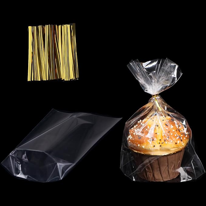 ROSPAKTEK 100 Pcs 5x6.5 Cellophane Muffin Bags with Gold Twist Ties – Commercial-Grade Flat-Bottom Design for Cupcakes, Cookies & Pastries (Fits Macarons/Chocolates/Strawberries) – Reusable