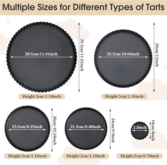 Ziliny 8 Pcs Non Stick Tart Pan with Removable Bottom 4'' 9.5" 10" 11" 12.6" Quiche Baking Dish Round Carbon Steel Mini Pie Pans Fluted Edges for Mousse Cakes Dessert Baking Tool Christmas Party