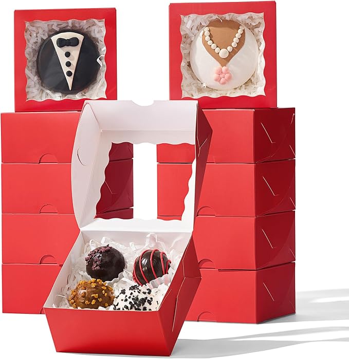 50-Count 4x4x2 Inches Food-Safe Classic Red Bakery Boxes - Multi-Use Pastry & Treat Packaging for Cookies, Truffles & Wedding Favors (Stackable Gift Boxes for Cakes, Pies & Cinnamon Rolls)