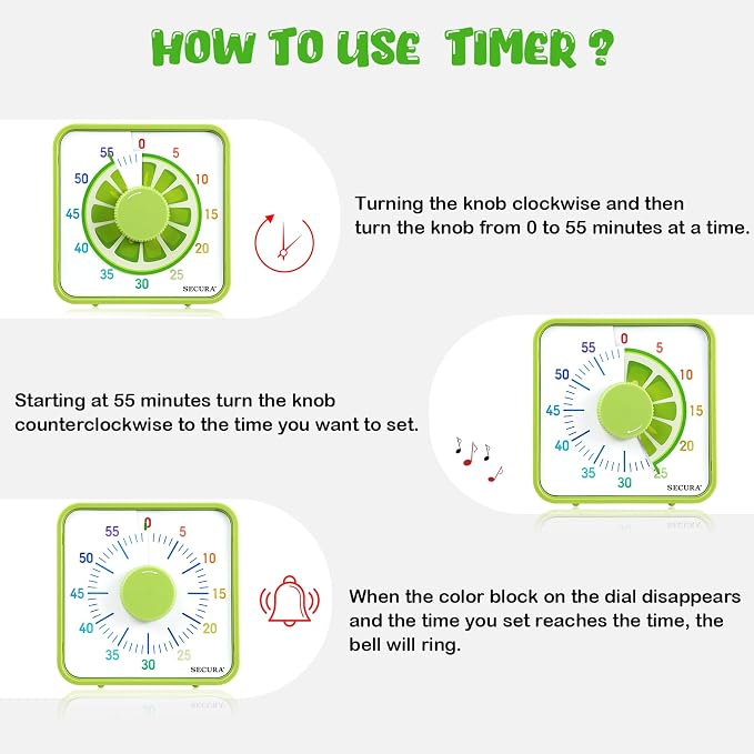 Secura 7.5-Inch Fruit Visual Timer for Kids, 60-Minute Countdown Timer for Classroom or Kitchen, Durable Mechanical Timer Clock with Magnetic Backing (Lemon)